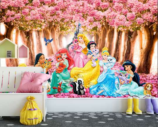 Фотообои - Принцессы Дисней в парке с розовыми цветами на фоне замка