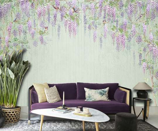 Wall Mural - Wisteria flowers on light green background