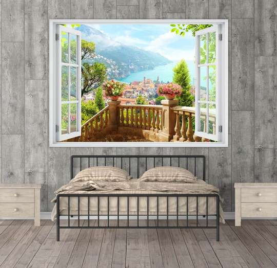 Наклейка на стену - 3D-окно с видом на горный город, 130 х 85