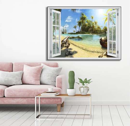 Наклейка на стену - 3D-окно с видом на остров пиратов, 130 х 85