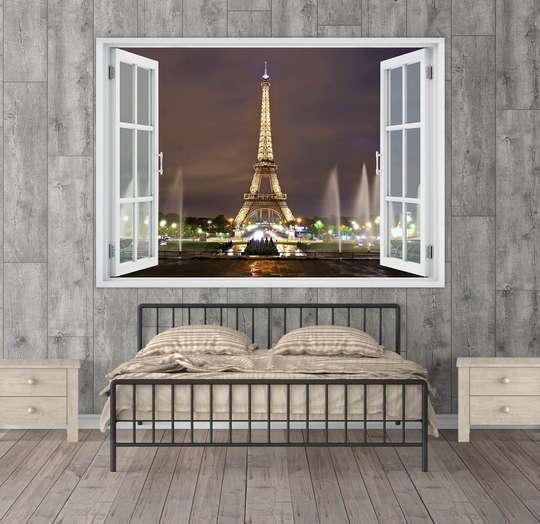 Наклейка на стену - 3D-окно с видом на Парижскую ночь, Имитация окна, 130 х 85