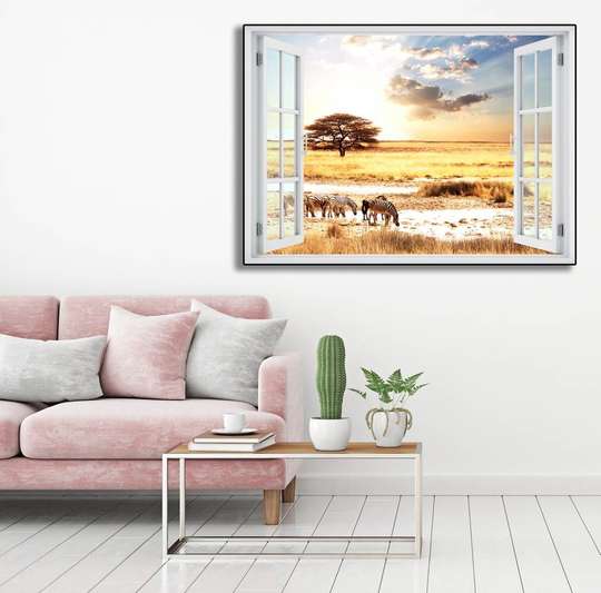 Wall Sticker - 3D window with a view of the sunrise in the steppe, Window imitation
