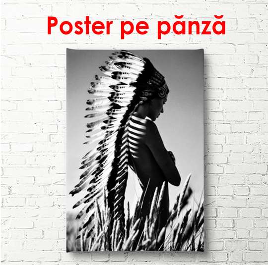 Poster - Indian girl in the field, 60 x 90 см, Framed poster, Black & White