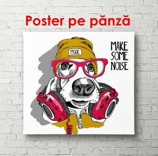 Poster - Stylish dog with headphones, glasses and a hat on his head, 100 x 100 см, Framed poster