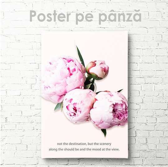 Poster - Bujori și un citat, 30 x 45 см, Panza pe cadru