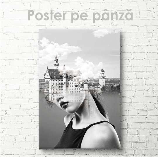 Постер - Девушка и замок, 30 x 45 см, Холст на подрамнике