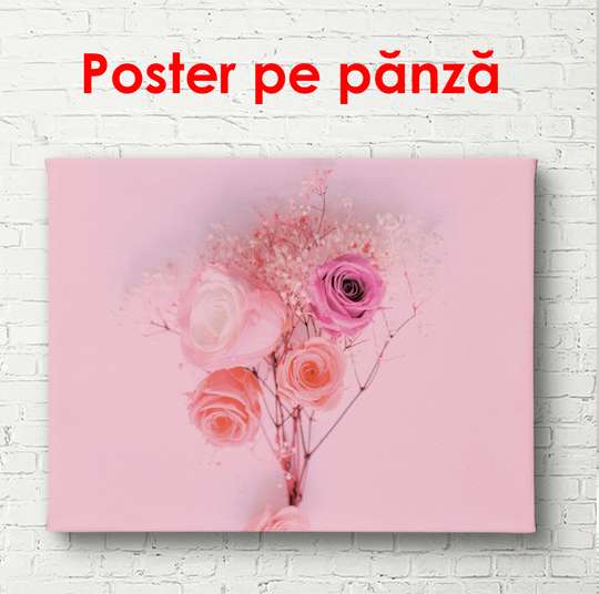 Постер - Розовые цветы на розовом фоне, 90 x 60 см, Постер в раме, Цветы