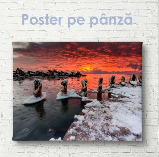 Постер - Алый закат зимним вечером, 45 x 30 см, Холст на подрамнике