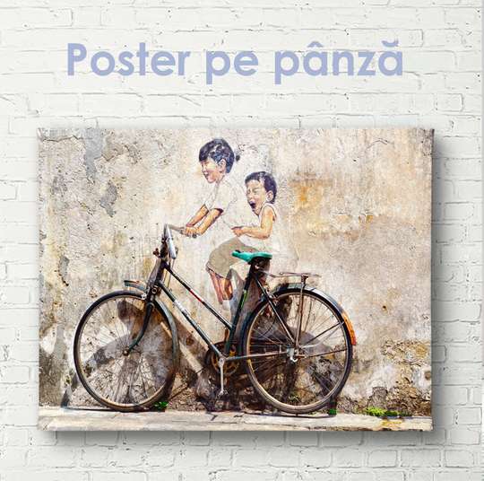 Poster, Copii și bicicleta, 45 x 30 см, Panza pe cadru