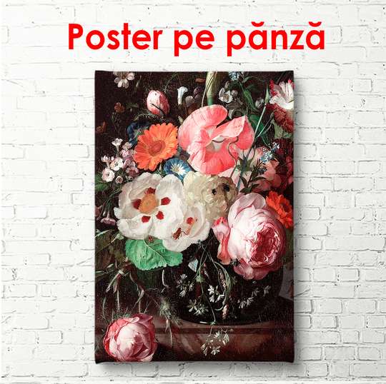 Poster - Bouquet of pink flowers on a black background, 60 x 90 см, Framed poster