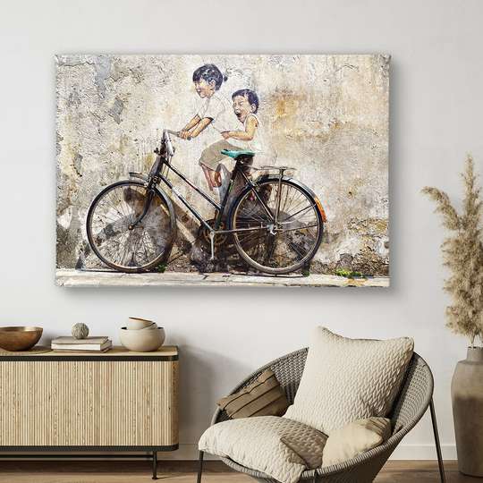 Постер - Дети и велосипед, 45 x 30 см, Холст на подрамнике, Винтаж