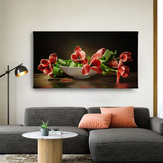 Постер - Красные тюльпаны на столе в вазе, 90 x 45 см, Постер в раме, Натюрморт