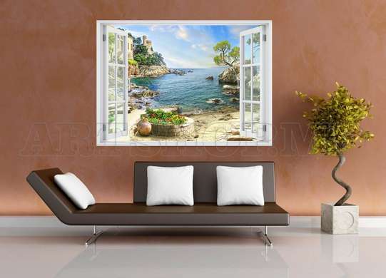 Наклейка на стену - Окно с видом на пляжный замок, Имитация окна, 130 х 85