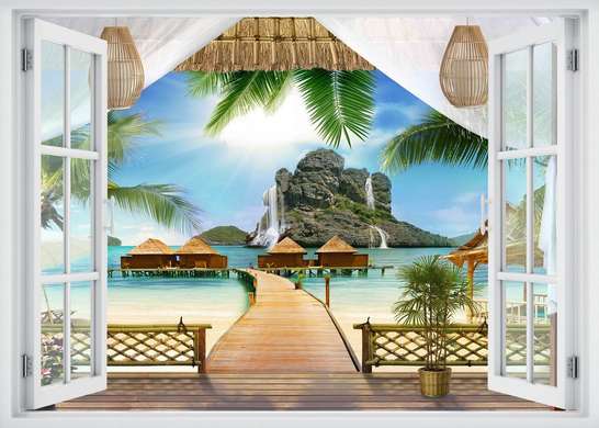 Наклейка на стену - 3D-окно с видом на гавайский пляж, Имитация окна, 130 х 85