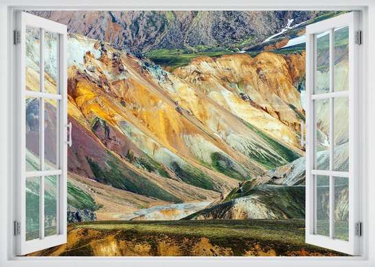 Наклейка на стену - 3D-окно с видом на горный пейзаж, Имитация окна, 130 х 85