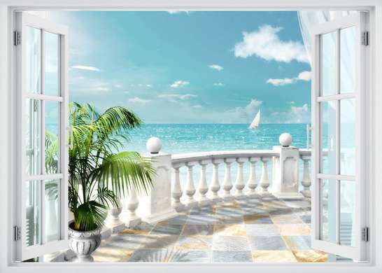 Stickere pentru pereți - Fereastra 3D cu vedere spre terasa cu o priveliște spre mare, Imitarea Ferestrei, 130 х 85