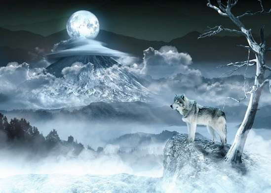 Wall Mural - Wolf and full moon