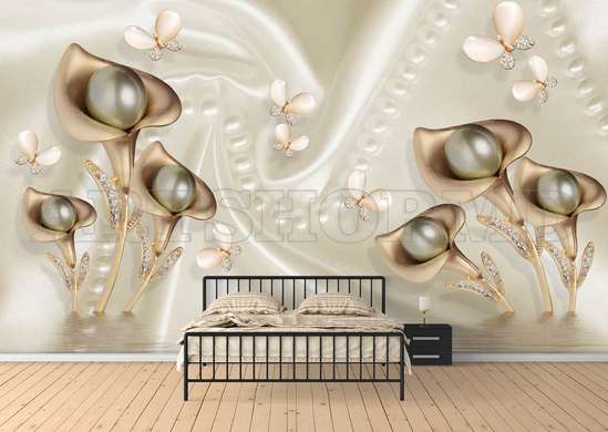 Wall Mural - Callas from pearls and butterflies on the background of water