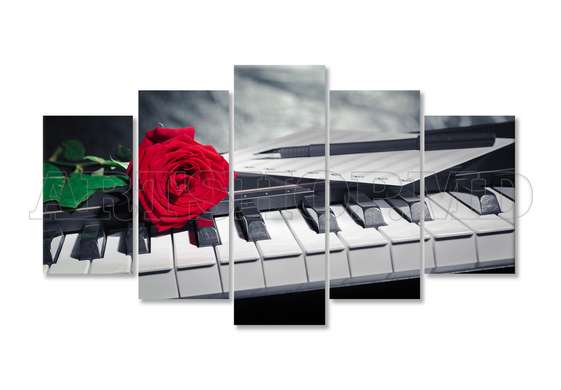 Modular painting, Red rose on piano keys, 108 х 60