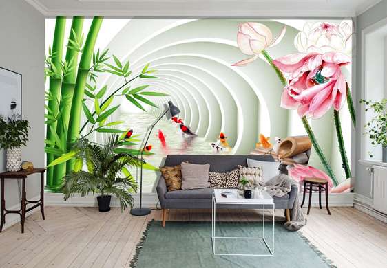 Fototapet 3D - Tunel arcuit cu flori de lotus și ramuri de bambus
