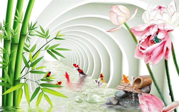 Fototapet 3D - Tunel arcuit cu flori de lotus și ramuri de bambus