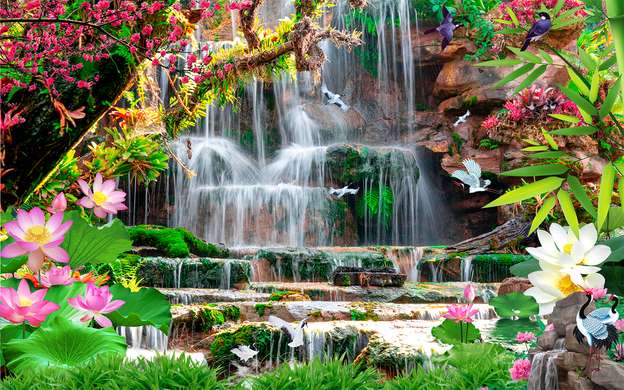 Wall Mural - Blooming flower park with a waterfall