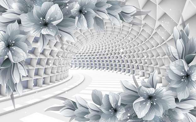 3D Photo Wallpaper- Gray flowers on the background of a white tunnel