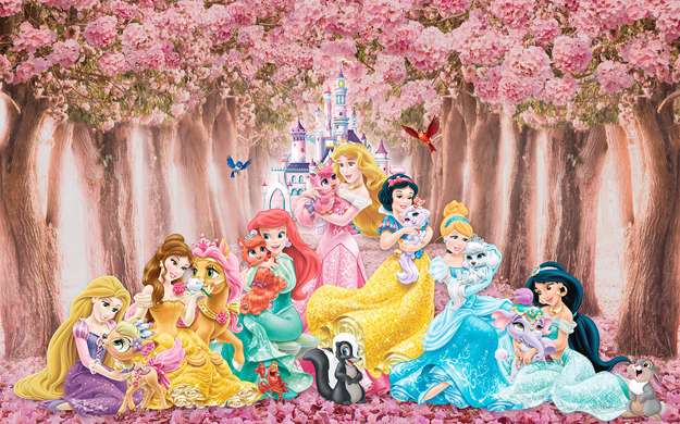 Photo wallpaper for the nursery, Disney princesses in the park with pink flowers on the background of the castle