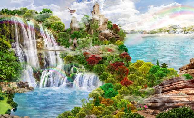 Wall Mural - Beautiful mountain landscape with a lake and a cascade