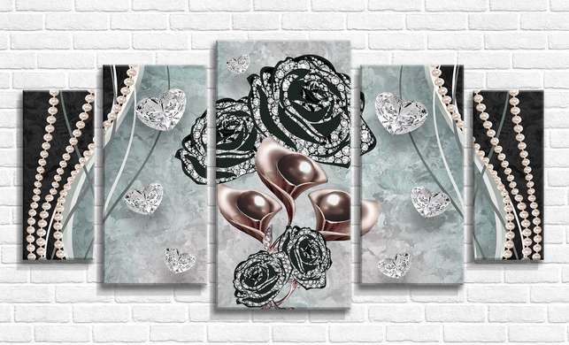 Modular picture, Dark flowers brooches on an abstract background, 108 х 60