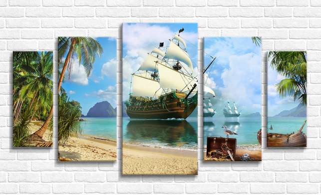 Модульная картина, Пиратский корабль у тропического острова, 108 х 60