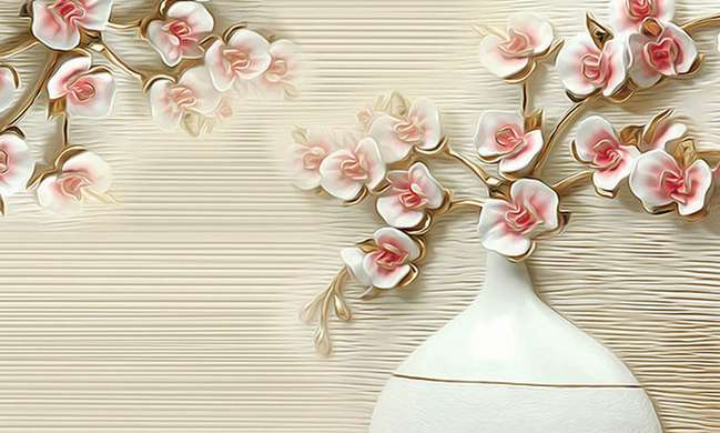 3D Wallpaper - Branch with light cream flowers on a beige background