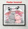 Постер - Серый и розовая бегемотики под зонтиком, 100 x 100 см, Постер в раме, Для Детей