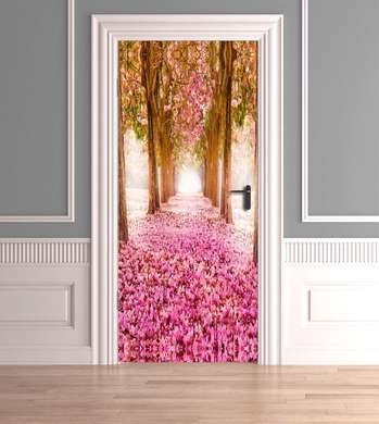 3D sticker on the door, Alley with pink flowers, 60 x 90cm, Door Sticker