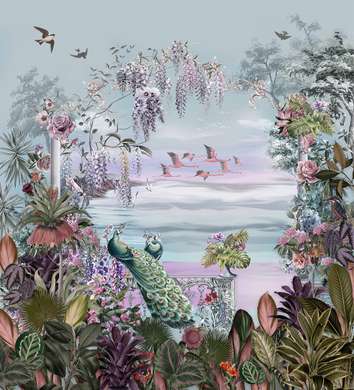 Wall Mural - Peacocks and flamingos in the park