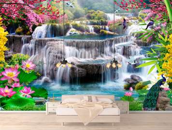 Wall Mural - Fairytale park with a waterfall