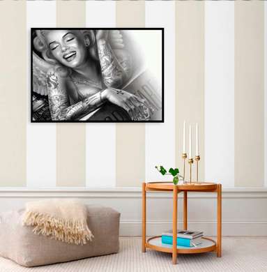 Постер - Мэрилин Монро с татуировками, 45 x 30 см, Холст на подрамнике, Черно Белые