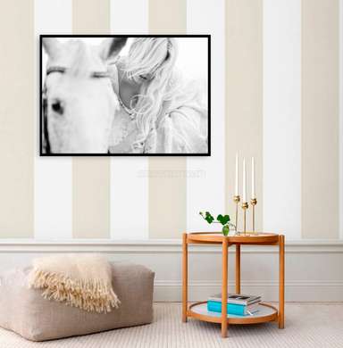 Poster, White horse, 90 x 60 см, Framed poster on glass, Animals