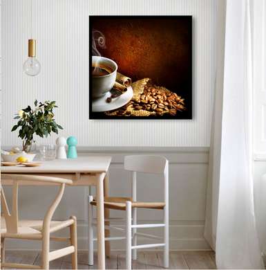 Постер - Чашка с кофе на коричневом фоне, 100 x 100 см, Постер в раме, Еда и Напитки