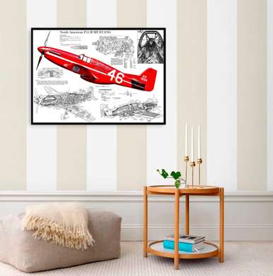 Poster - Red plane on the background of blueprints, 90 x 60 см, Framed poster, Transport