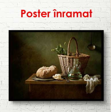 Постер - Натюрморт на столе на фоне зеленой стены, 90 x 60 см, Постер в раме, Натюрморт