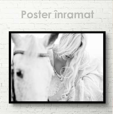 Poster, White horse, 90 x 60 см, Framed poster on glass, Animals