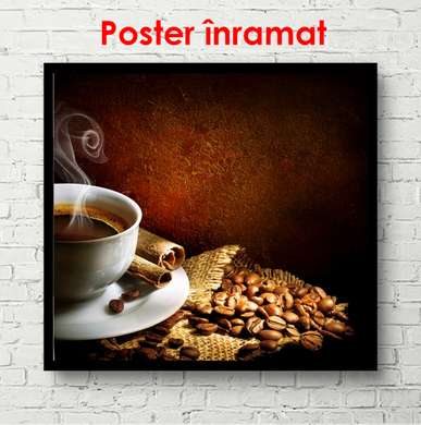 Poster - Cup of coffee on a brown background, 100 x 100 см, Framed poster on glass, Food and Drinks