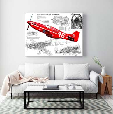 Poster - Red plane on the background of blueprints, 90 x 60 см, Framed poster, Transport