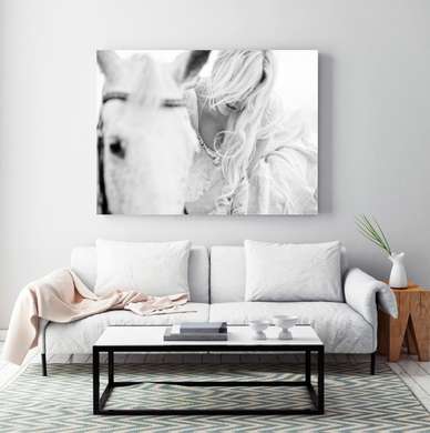 Постер, Белая лошадь, 90 x 60 см, Постер на Стекле в раме, Животные