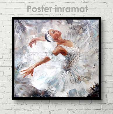 Poster - Balerină în rochie albă, 100 x 100 см, Poster inramat pe sticla, Pictura