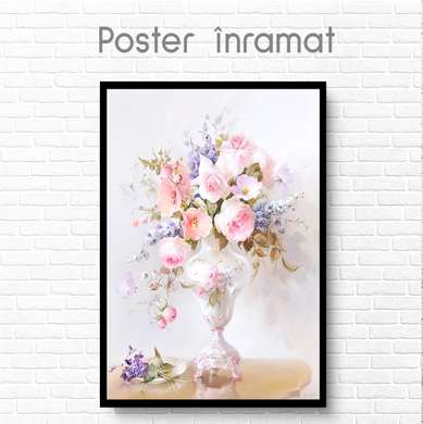 Постер - Нежные цветы в вазе, 60 x 90 см, Постер на Стекле в раме