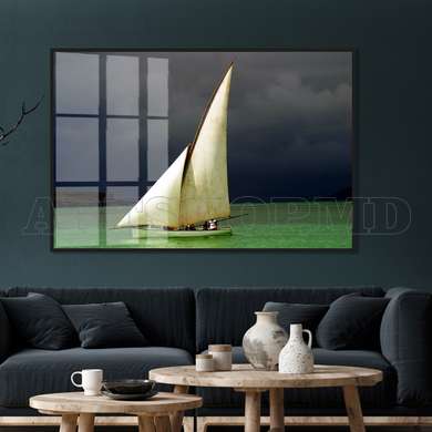 Poster - Navă albă în mare, 90 x 60 см, Poster înrămat, Tema Marină