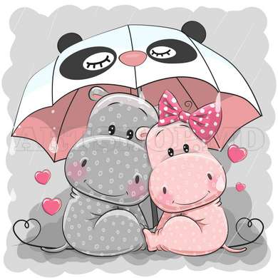 Постер - Серый и розовая бегемотики под зонтиком, 100 x 100 см, Постер в раме, Для Детей