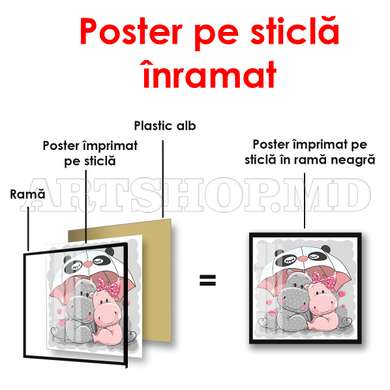 Poster - Hipopotami gri și roz sub o umbrelă, 100 x 100 см, Poster inramat pe sticla, Pentru Copii
